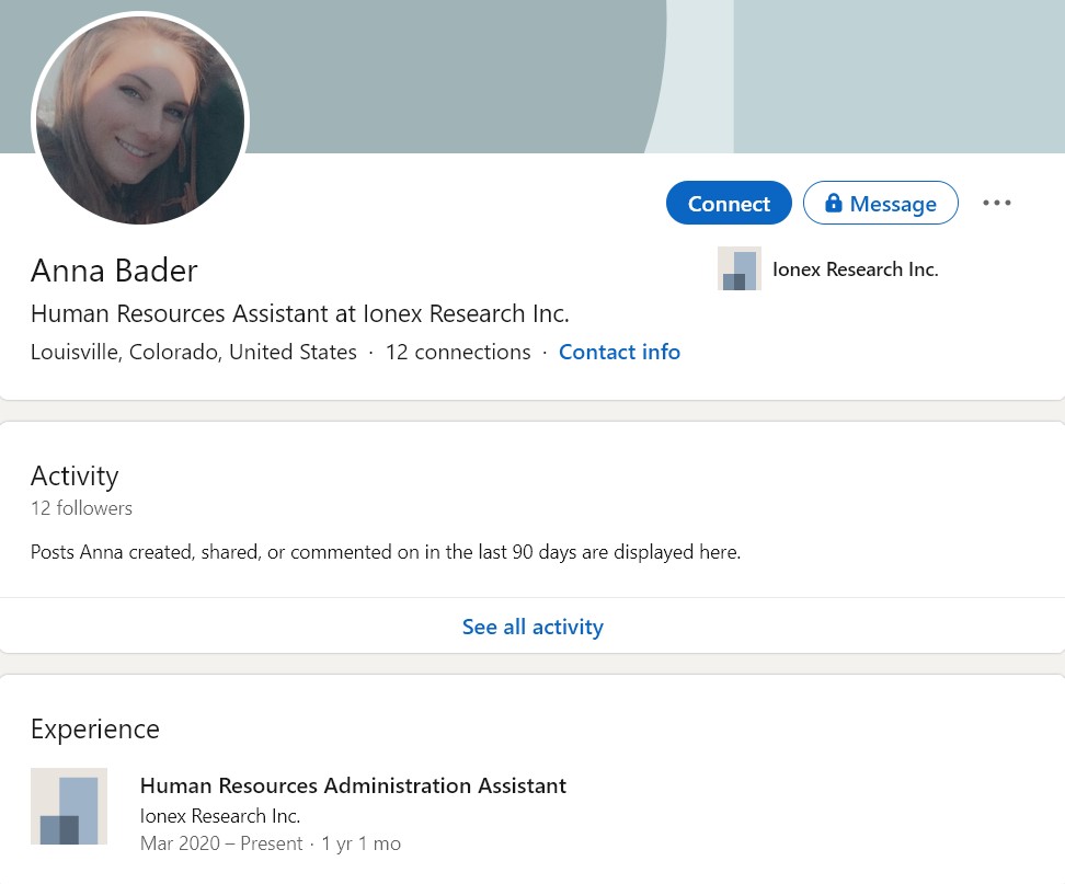 Anna Bader's LinkedIn Profile showing her working at Ionex Research Corporation in Lafayette Colorado