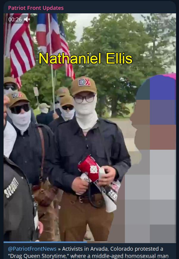 A screenshot of a Patriot Front demonstration featuring Nathaniel Ellis