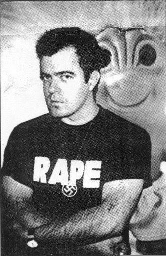 black and white photos of Boyd Rice wearing a shirt with the word RAPE printed on it and a swastika necklace.